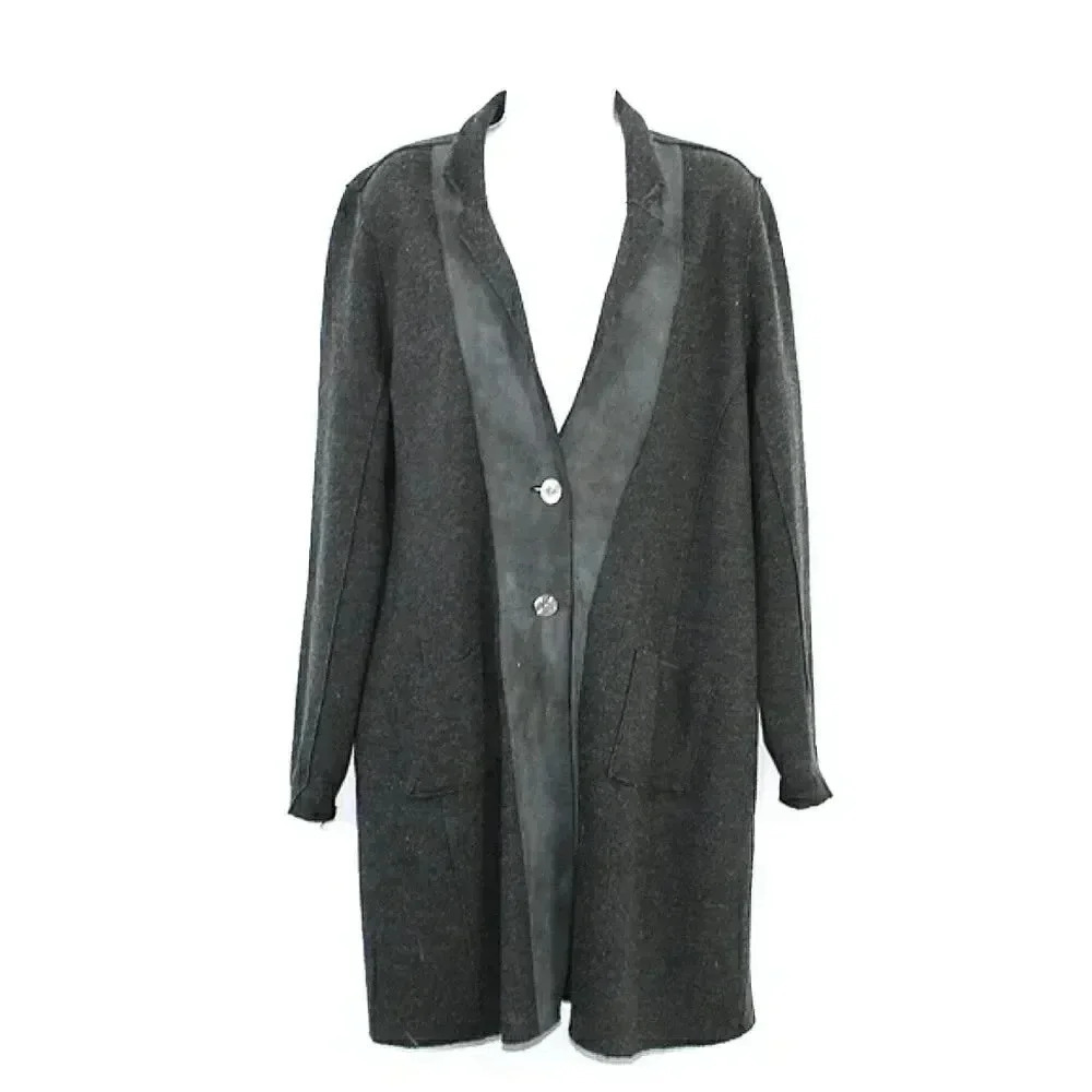 Eileen Fisher gray Merino wool with leather accent duster sweater size large